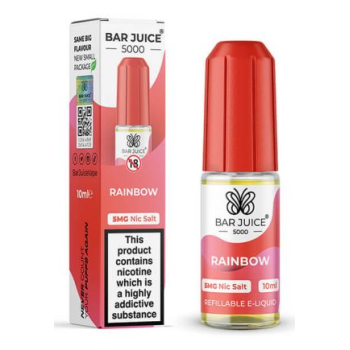 Rainbow Nic Salt E-Liquid by Bar Juice 5000 bottle with vibrant candy and fruit flavors.